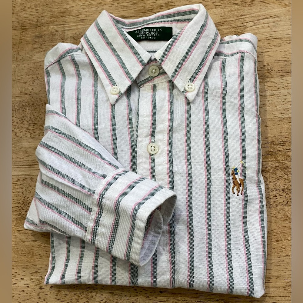 Vintage Polo Ralph‎ Lauren Boy’s Sz 4 Gray/Pink Pinstripe White Cotton Oxford